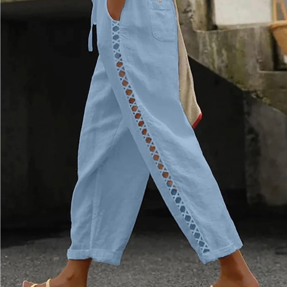 Pants Women Wide Leg Capri Lounge Lightweight W/pockets Blue 100% Cotton NEW